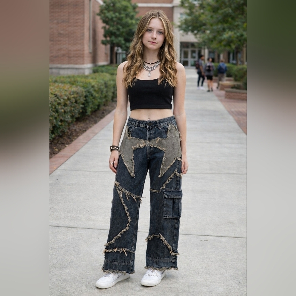 ROMWE Wide Leg Jeans Distressed Patchwork Frayed Star Denim Y2K Size 4 - Picture 12 of 12